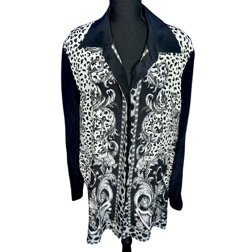Womens Mixed Media Animal Print Button Down Blouse Avant Garde Tunic - L Baroque